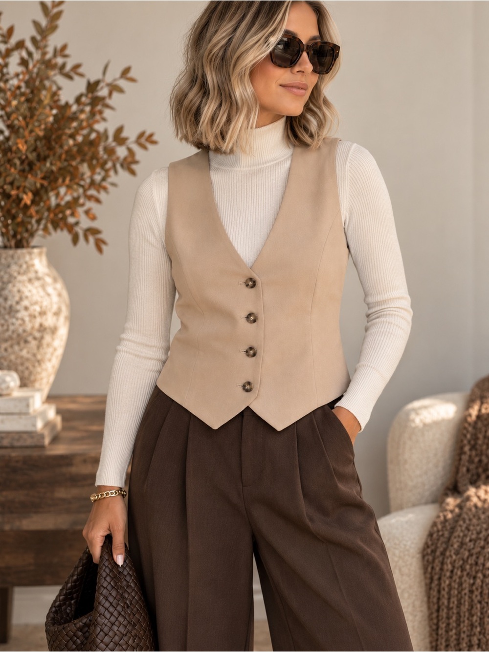 Aritzia Wilfred Pacino Vest Size 2 Beige Tailored Button Front #1013